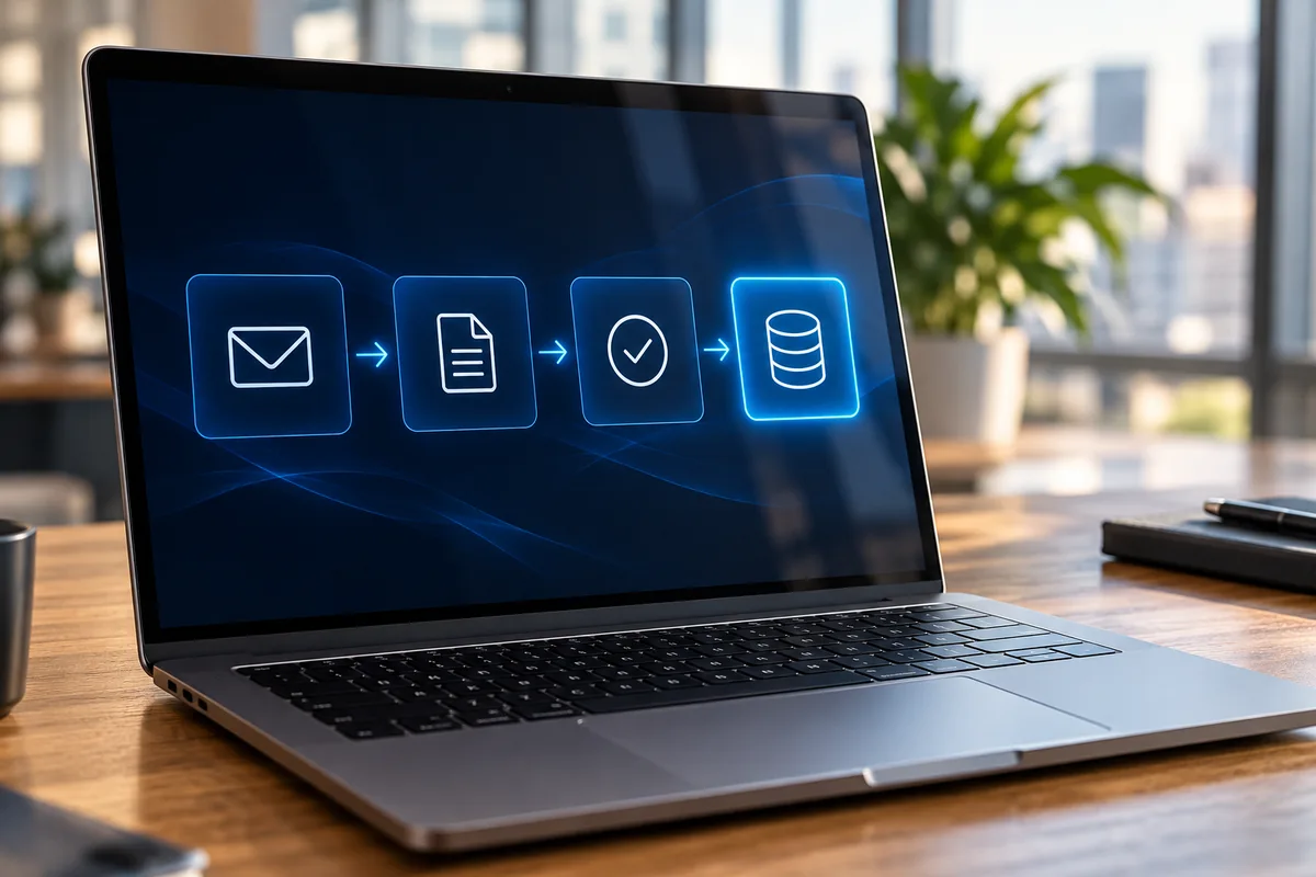 Laptop met een illustratie van e-mail, documentverwerking, controle en gegevensopslag.