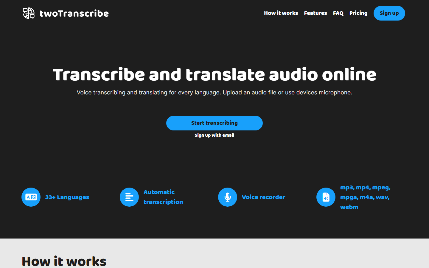 Homepage van TwoTranscribe met transcriptie- en vertaalmogelijkheden